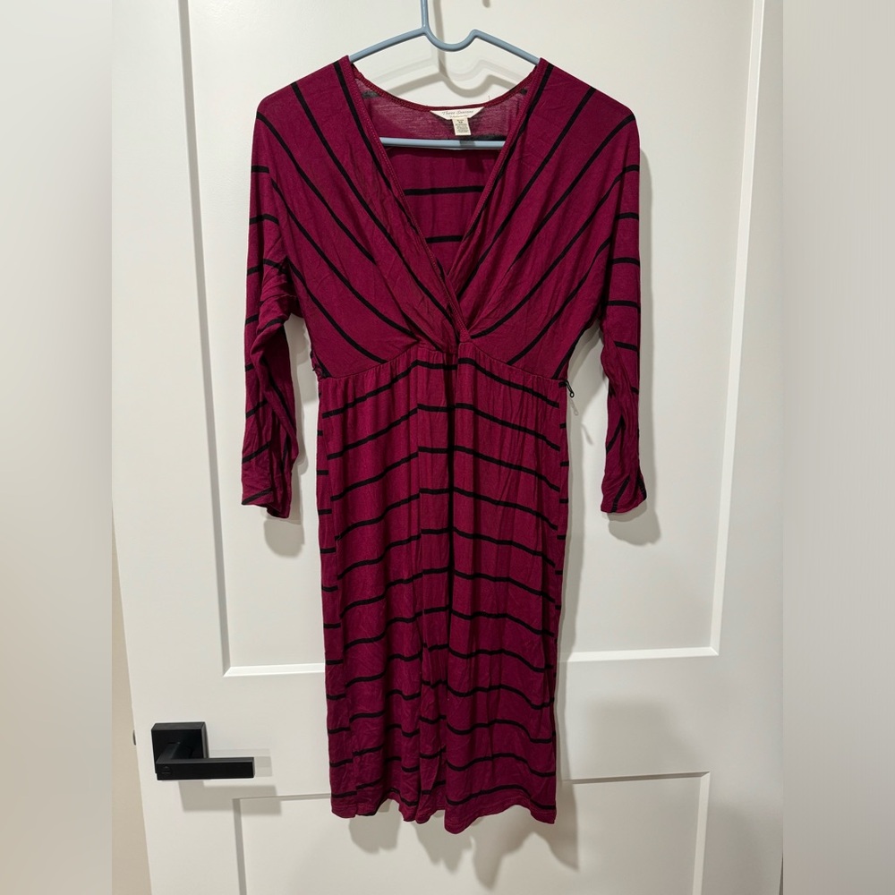Striped V-Neck Burgundy Dress - Maternity